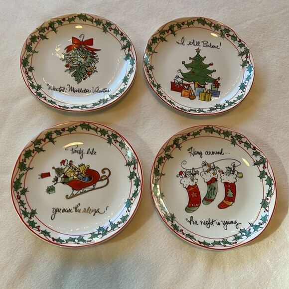 Certified International Christmas Saucers Plates 6 In Set 4 Mistletoe Berries - Picture 2 of 6